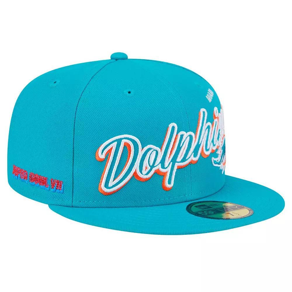 Men's New Era Aqua Miami Dolphins  Script Sided 59FIFTY Fitted Hat, Size: 7, Turquoise A Product Image