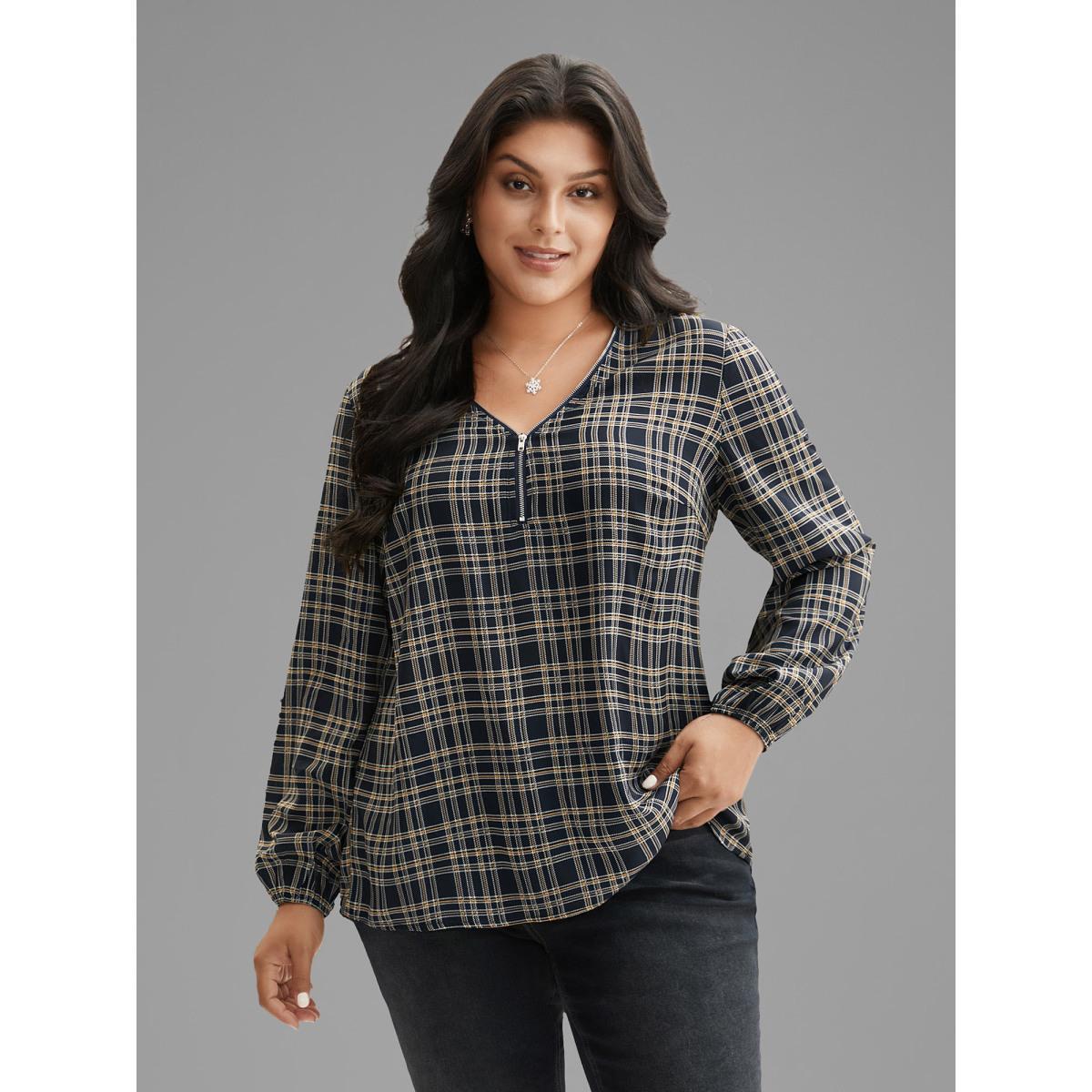 Plus Size Indigo Plaid Zipper Front Lantern Sleeve Blouse Women Elegant Long Sleeve V-neck Everyday Blouses BloomChic 14-16/1X Product Image
