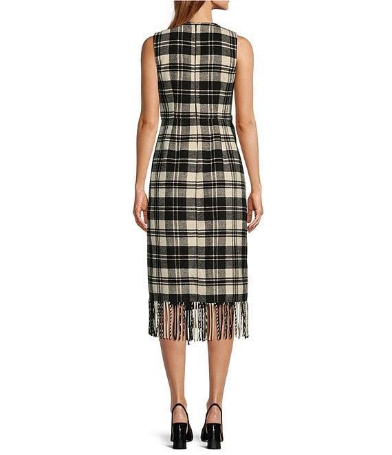 Antonio Melani Tula Plaid Print Crew Neck Sleeveless Belted Wrap Front Fringe Hem Midi Sheath Dress Product Image