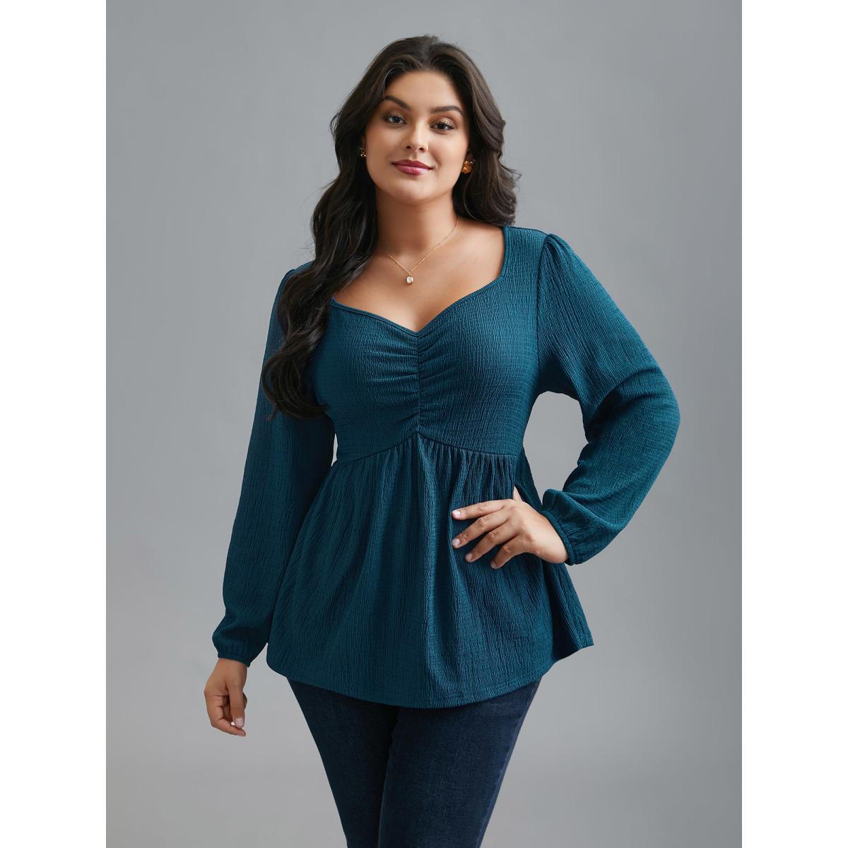 Plus Size Aegean Heart Neckline Solid Gathered Blouse Women Elegant Long Sleeve Heart neckline Everyday Blouses BloomChic 10/M Product Image