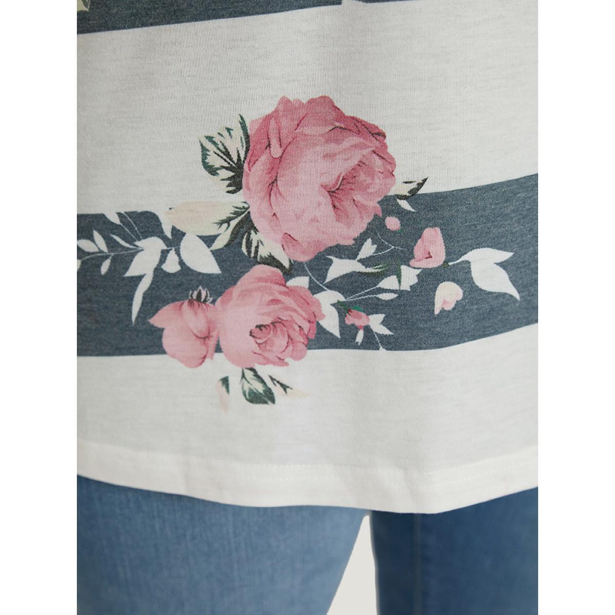 Plus Size Floral Striped Patchwork Crisscross T-shirt Indigo Women Casual Printed Striped Round Neck Dailywear T-shirts BloomChic 30/6X Product Image