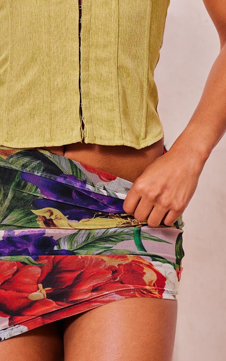 Multi Floral Print Mesh Lined Extreme Asymmetric Mini Skirt Product Image