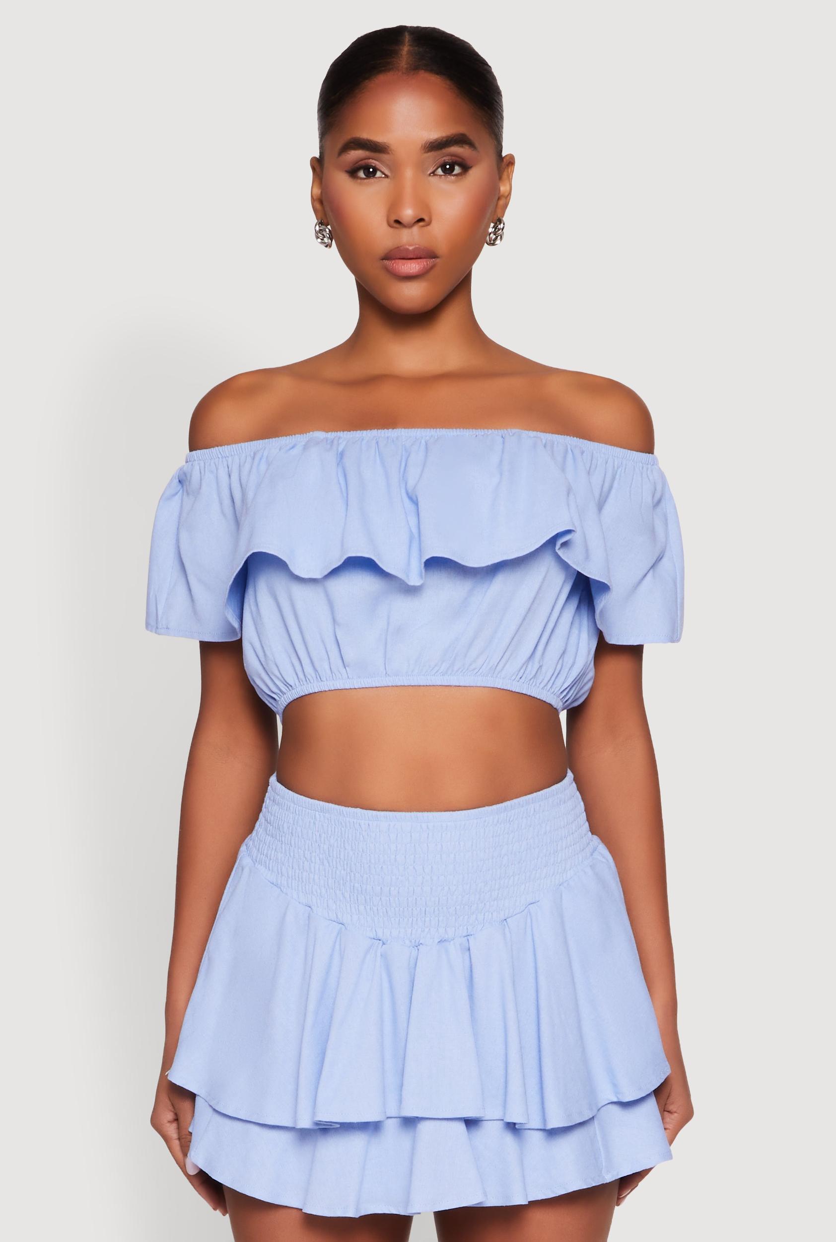 Womens Almost Famous Ruffle Overlay Off the Shoulder Crop Top Product Image