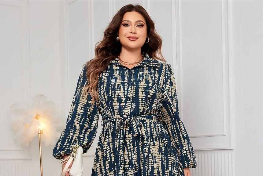 Long Sleeve Collared Patterned Print Maxi A-Line Shirt Dress Product Image