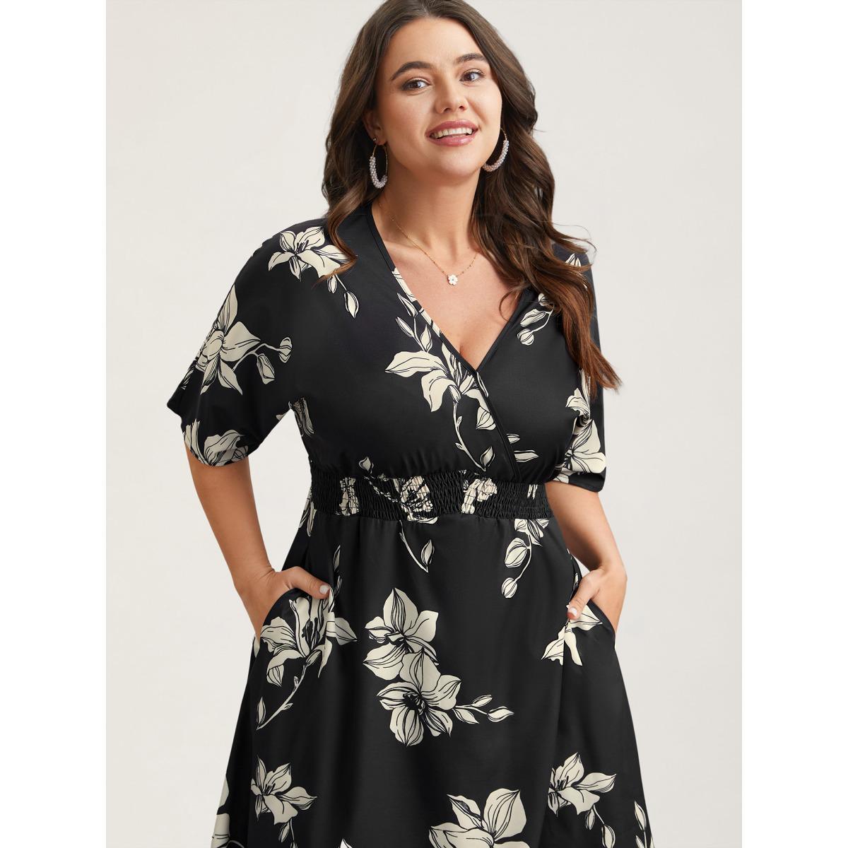 Plus Size Silhouette Floral Print Shirred Waist Midi Dress BlackFlower Women Elegant Shirred Overlap Collar Short sleeve Curvy BloomChic 22-24/3X Product Image