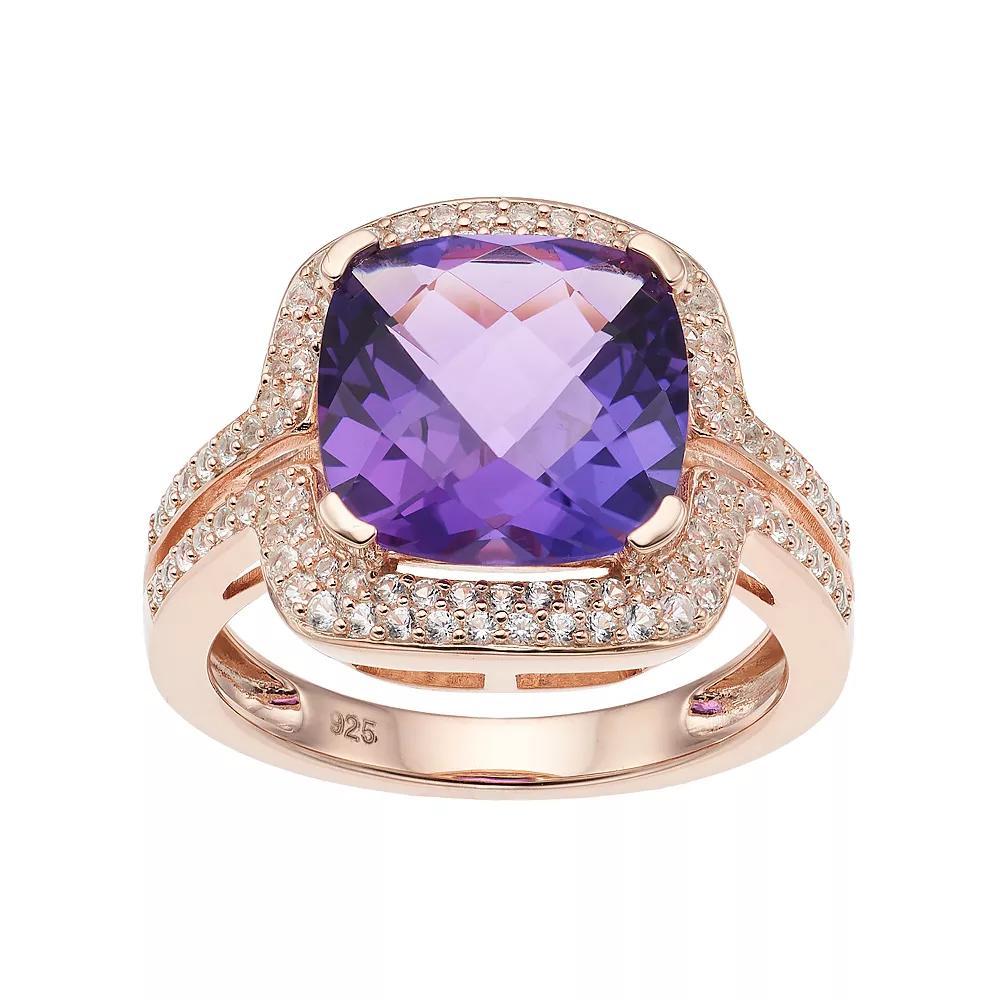 14k Rose Gold Over Silver Amethyst & Lab-Created White Sapphire Square Halo Ring, Women's, Size: 6, Pink Tone Product Image