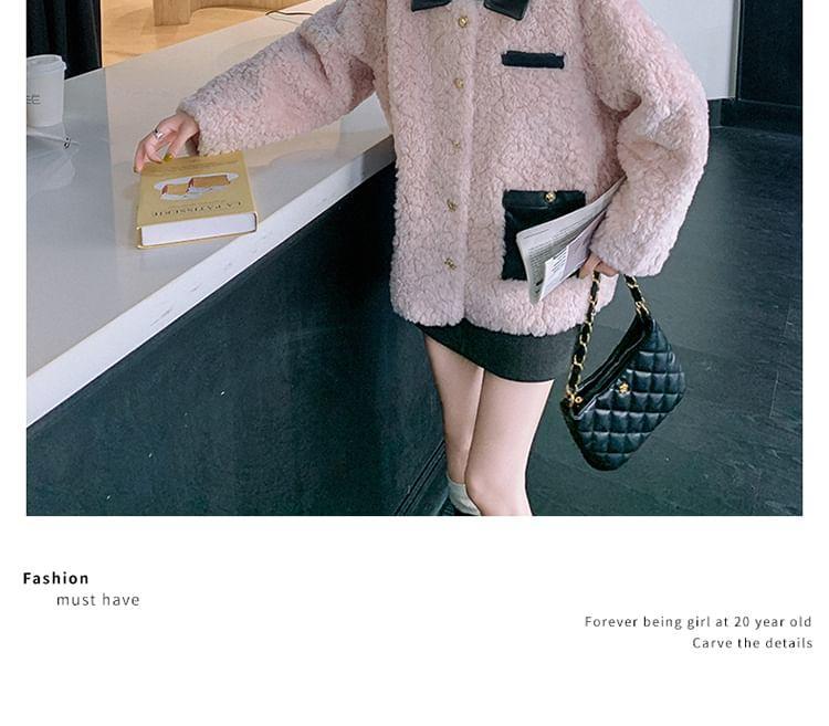 Plain Contrast Trim Faux Leather Panel Faux Shearling Single-Breasted Jacket Product Image