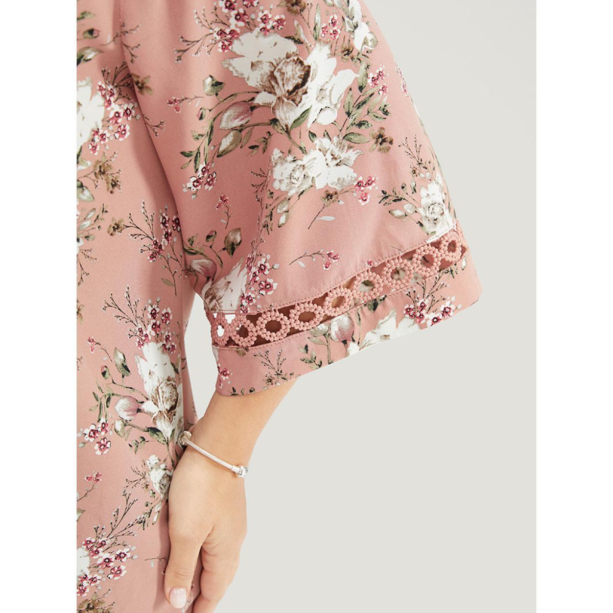 Plus Size Rouge Floral Flounce Sleeve Crochet Lace Blouse Women Elegant Elbow-length sleeve V-neck Dailywear Blouses BloomChic 22-24/3X Product Image