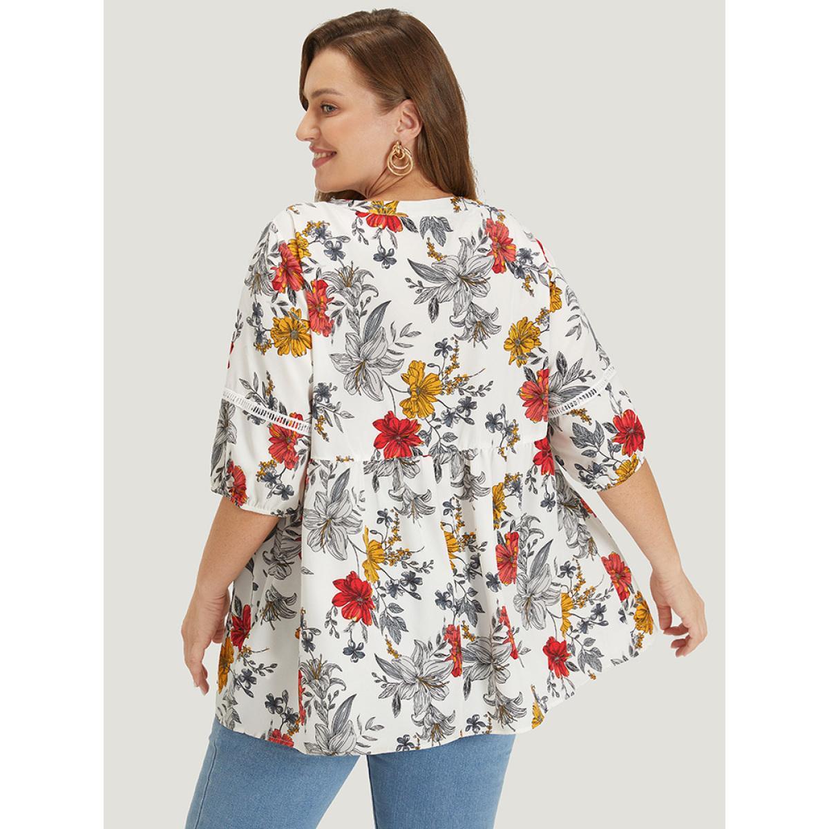 Plus Size White Floral Lantern Sleeve Lace Gathered Notched Blouse Women Elegant Elbow-length sleeve Notched collar Dailywear Blouses BloomChic 12/L Product Image