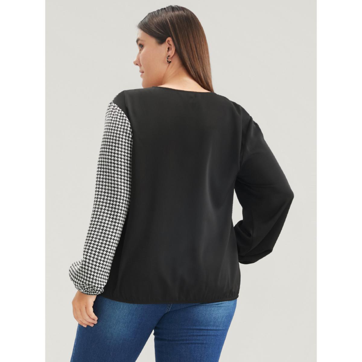 Plus Size Black Houndstooth Patchwork Lantern Sleeve Blouse Women Office Long Sleeve V-neck Work Blouses BloomChic 10/M Product Image