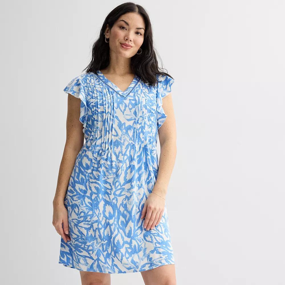 Women's Sonoma Goods For Life® Flutter Sleeve Pintuck Dress, Size: Large, White Blue Foliage Product Image