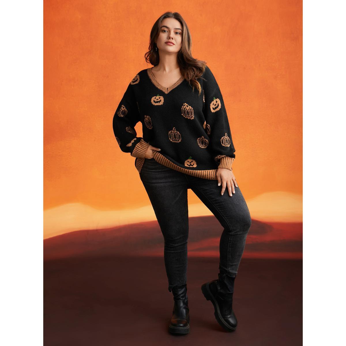 Plus Size Pumpkin Patch Contrasting Color Hemline Pullover Black Women Casual Loose Long Sleeve V-neck Everyday Pullovers BloomChic 18-20/2X Product Image
