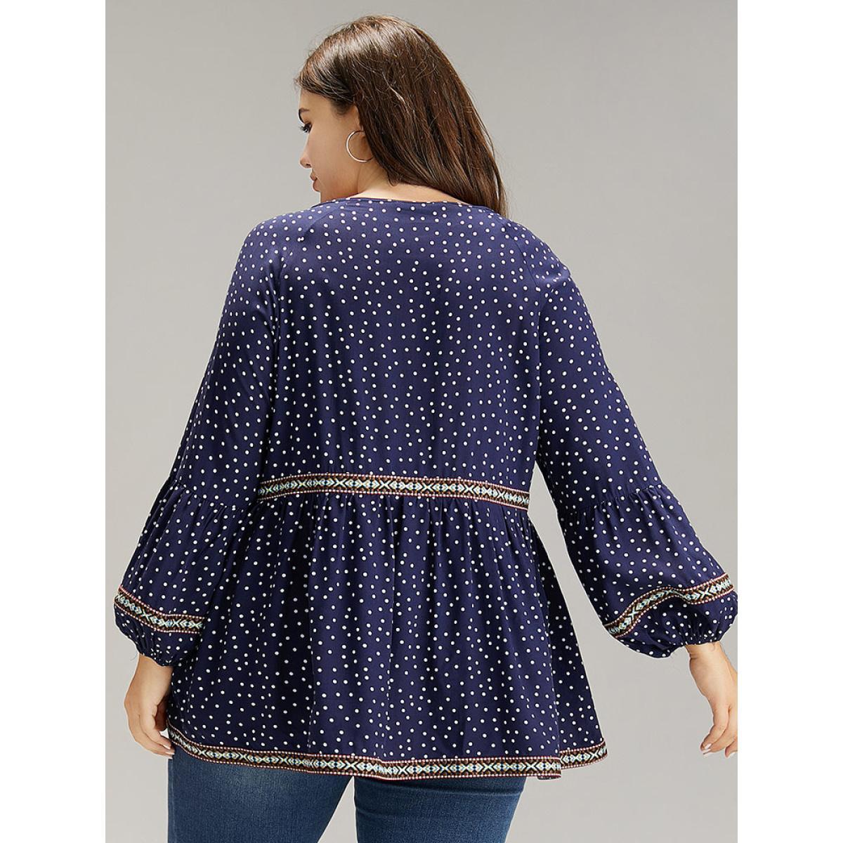 Plus Size Indigo Polka Dot Bandana Trim Ties Blouse Women Resort Long Sleeve Tie Neck Vacation Blouses BloomChic 28/5X Product Image