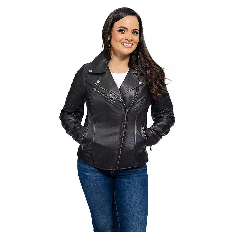 Women's Whet Blu Asymmetrical Moto Leather Jacket, Size: XXL, Black Product Image