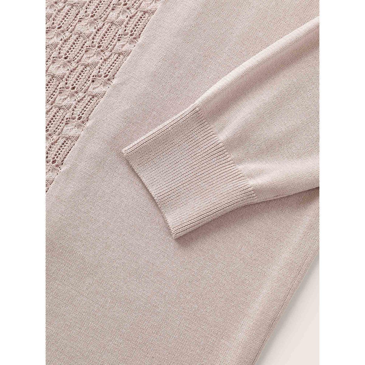 Plus Size Plain Lapel Collar Pointelle Knit Backless Cardigan Apricot Women Casual Long Sleeve Everyday Cardigans BloomChic 22-24/3X Product Image