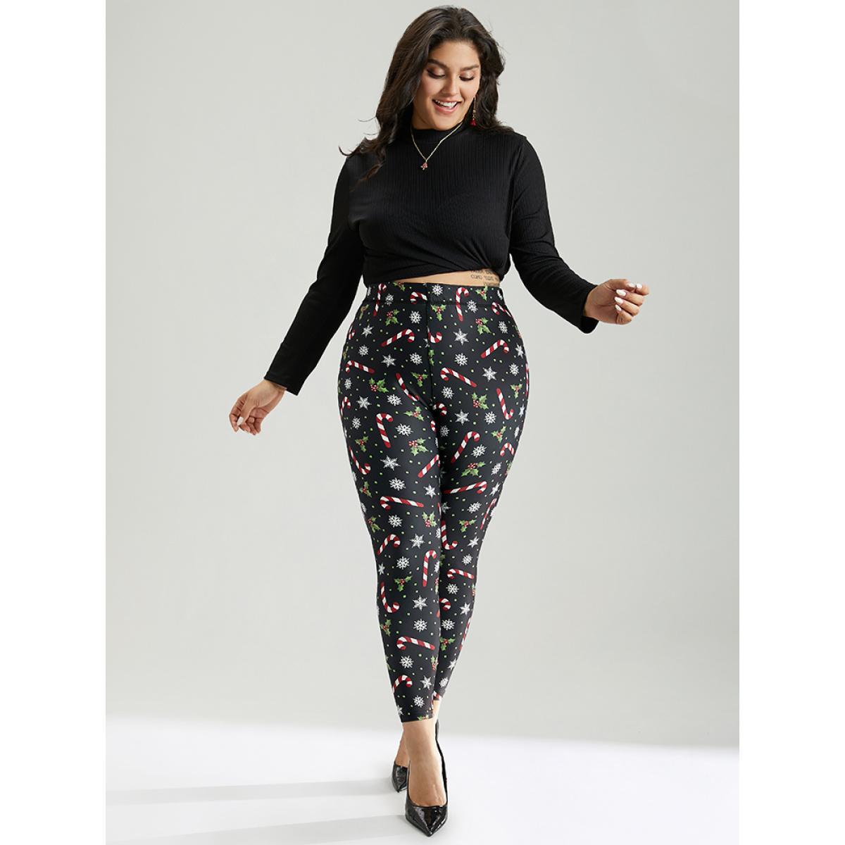 Plus Size Christmas Print Elastic Waist Skinny Leggings Women BlackFlower Casual High stretch Skinny High Rise Festival-Christmas Leggings BloomChic 26/4X Product Image