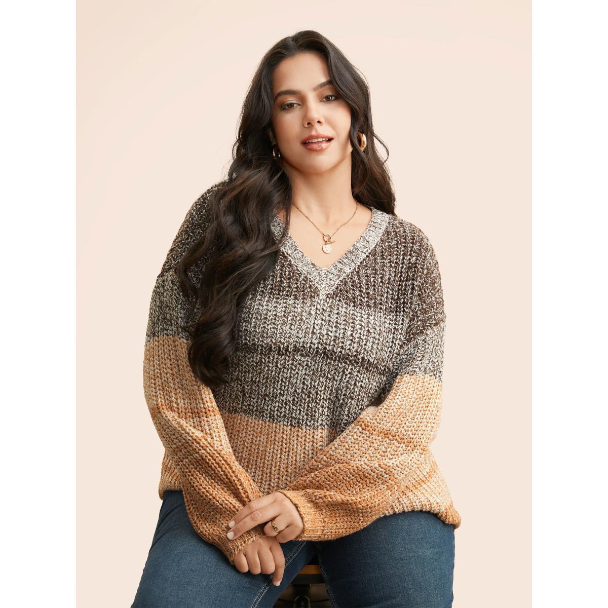 Plus Size Colorblock Contrast Puff Sleeve Pullover DarkBrown Women Casual Loose Long Sleeve V-neck Everyday Pullovers BloomChic 30/6X Product Image