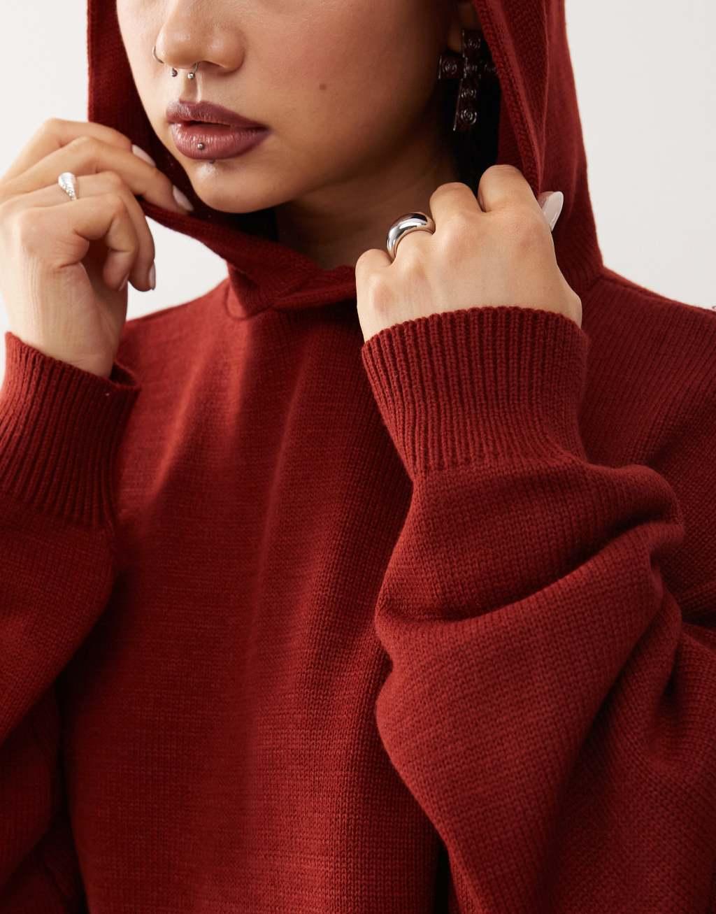 COLLUSION oversized knitted hoodie in burgundy - part of a set Product Image