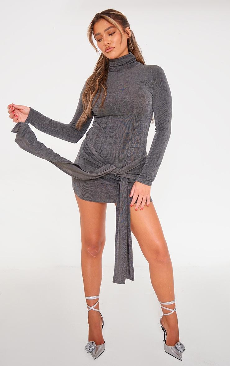 Charcoal Slinky Acetate High Neck Tie Front Long Sleeve Mini Dress Product Image