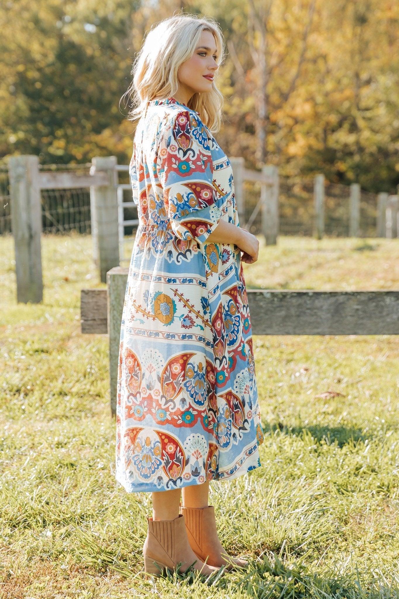 Blue Multi Border Print Midi Dress - FINAL SALE Female Product Image