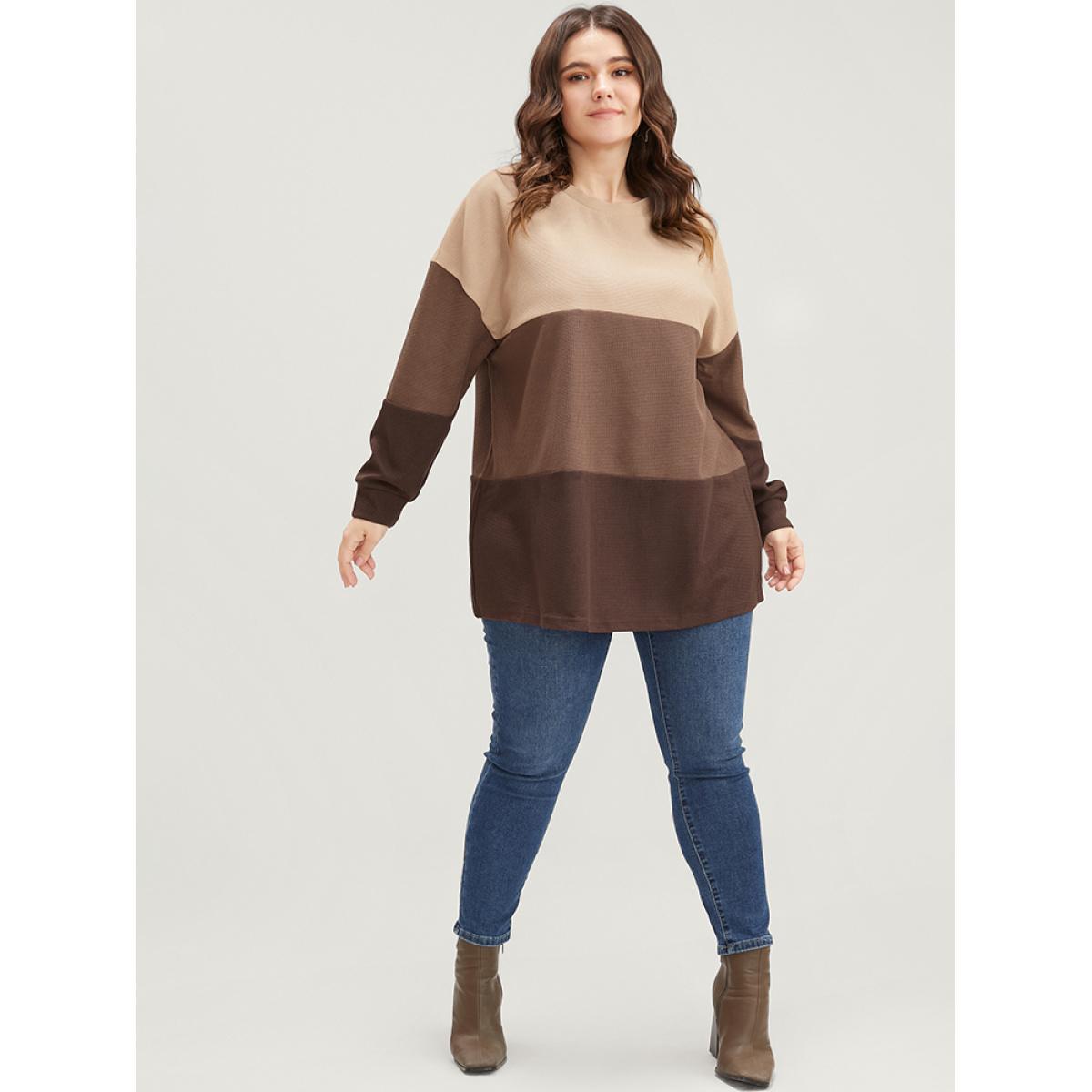 Plus Size Colorblock Contrast Round Neck Drop Shoulder Sweatshirt Women Tan Casual Patchwork Round Neck Dailywear Sweatshirts BloomChic 30/6X Product Image