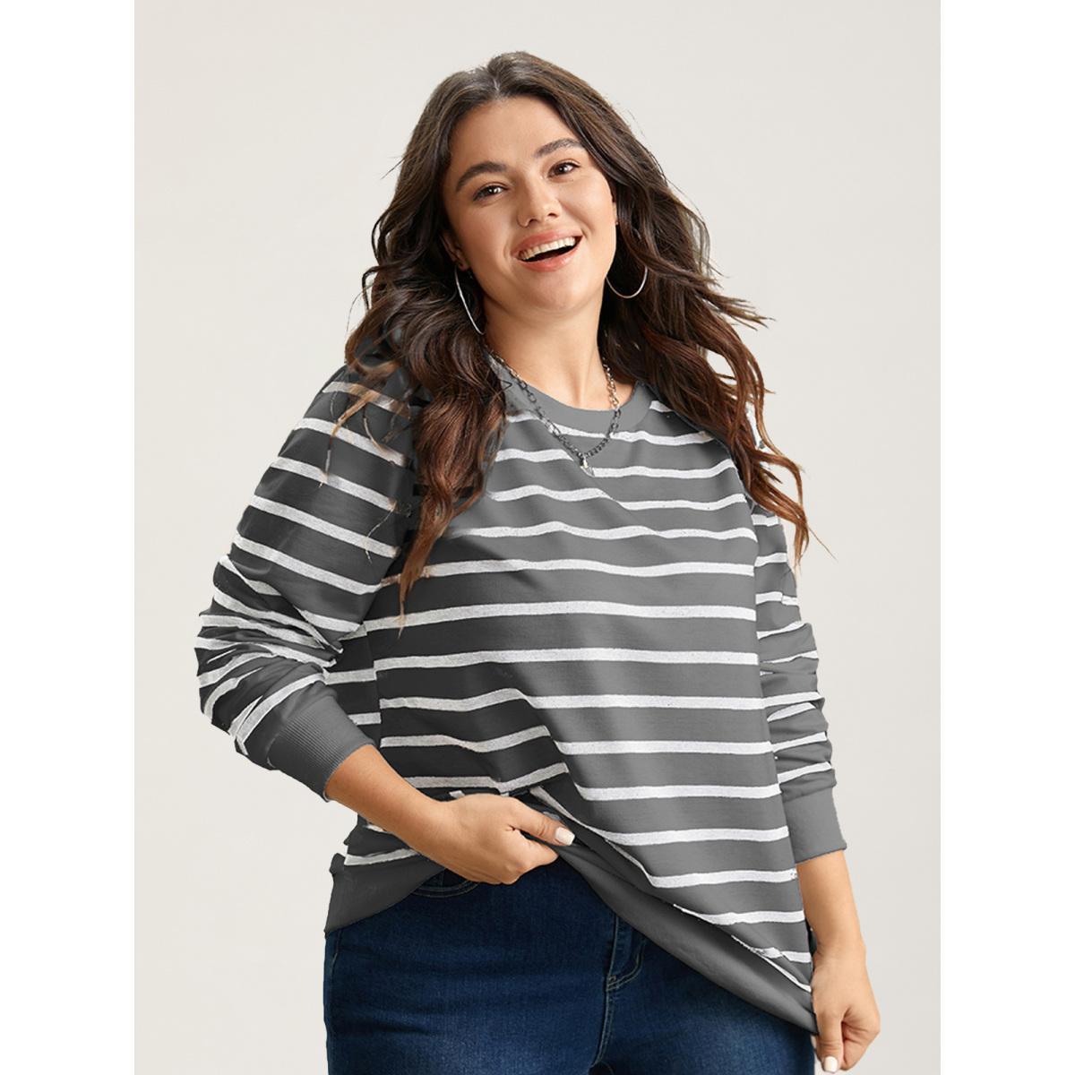 Plus Size Rib Knit Striped Round Neck Sweatshirt Women DarkGray Casual Non Round Neck Everyday Sweatshirts BloomChic 10/M Product Image