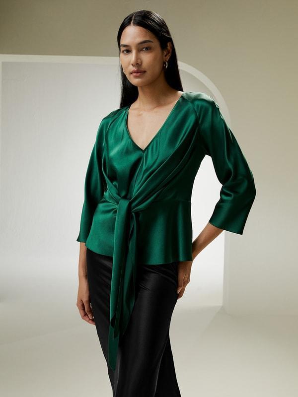 V Neck Silk Blouse with Waist Tie Product Image