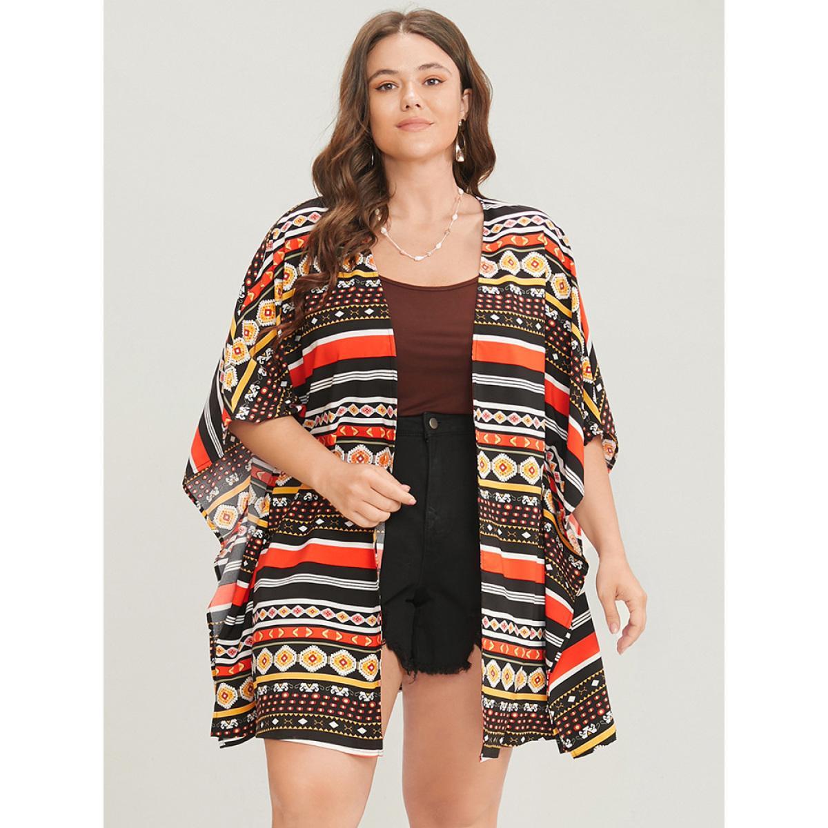 Plus Size Bandana Dolman Sleeve Open Front Cover Up Women Multicolor Vacation Loose Dailywear Kimonos BloomChic 12/L Product Image