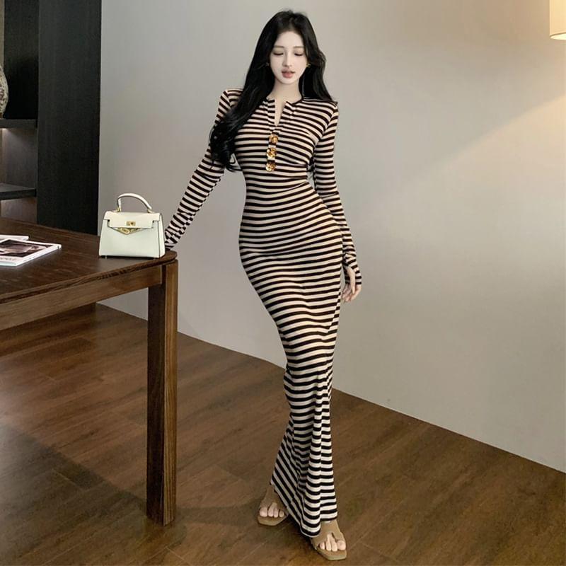 Long-Sleeve Notch Neck Striped Maxi Sheath Dress Product Image