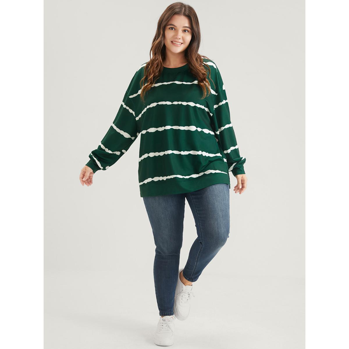 Plus Size Tie Dye Striped Side Split Drop Shoulder Sweatshirt Women Green Casual Tie Dye Loose Round Neck Dailywear Sweatshirts BloomChic 10/M Product Image