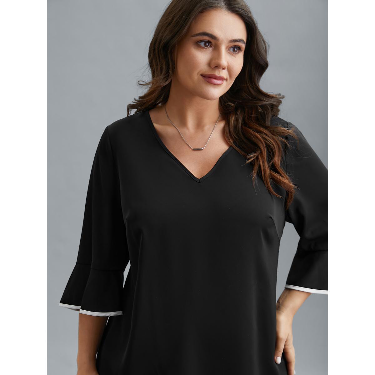 Plus Size Black Color-Block Spliced Ruffled Overlap Hem Blouse Women At the Office Elbow-length sleeve V-neck Work Blouses BloomChic 30/6X Product Image
