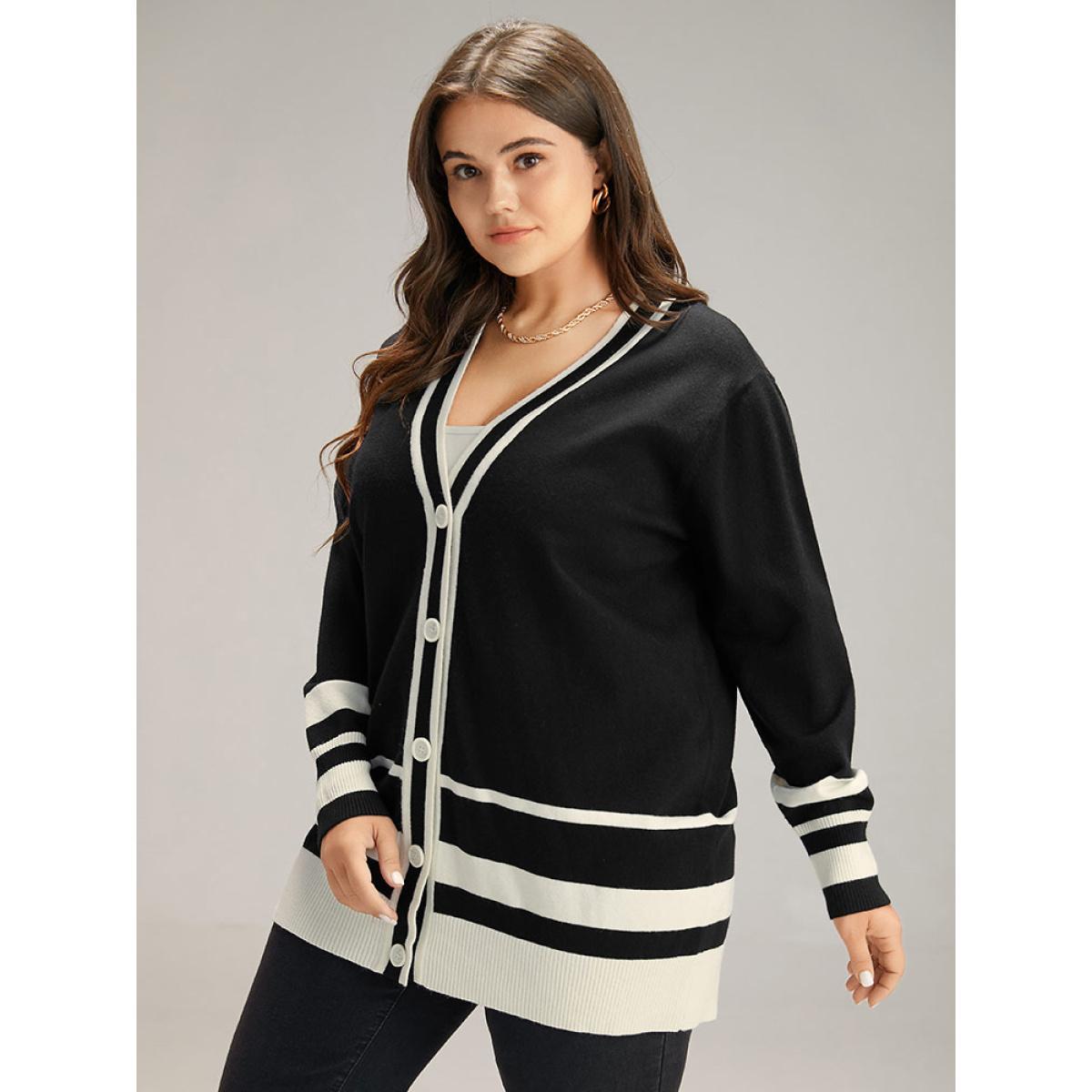 Plus Size Supersoft Essentials Anti-Pilling Contrast Button Up Cardigan Black Women Casual Loose Long Sleeve Dailywear Cardigans BloomChic 30/6X Product Image