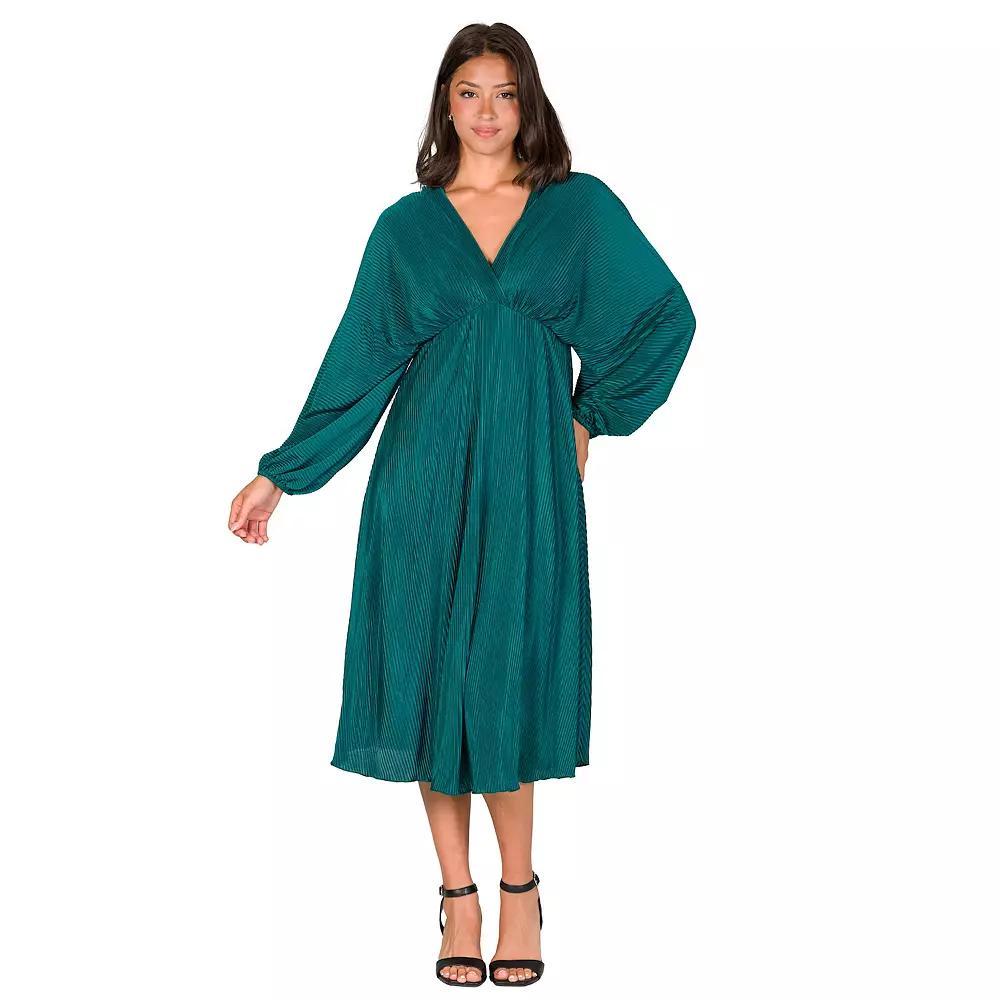 Women's 24Seven Comfort Apparel V-Neck Empire Waist Bishop Sleeve Midi Dress, Size: 1XL, Red Product Image