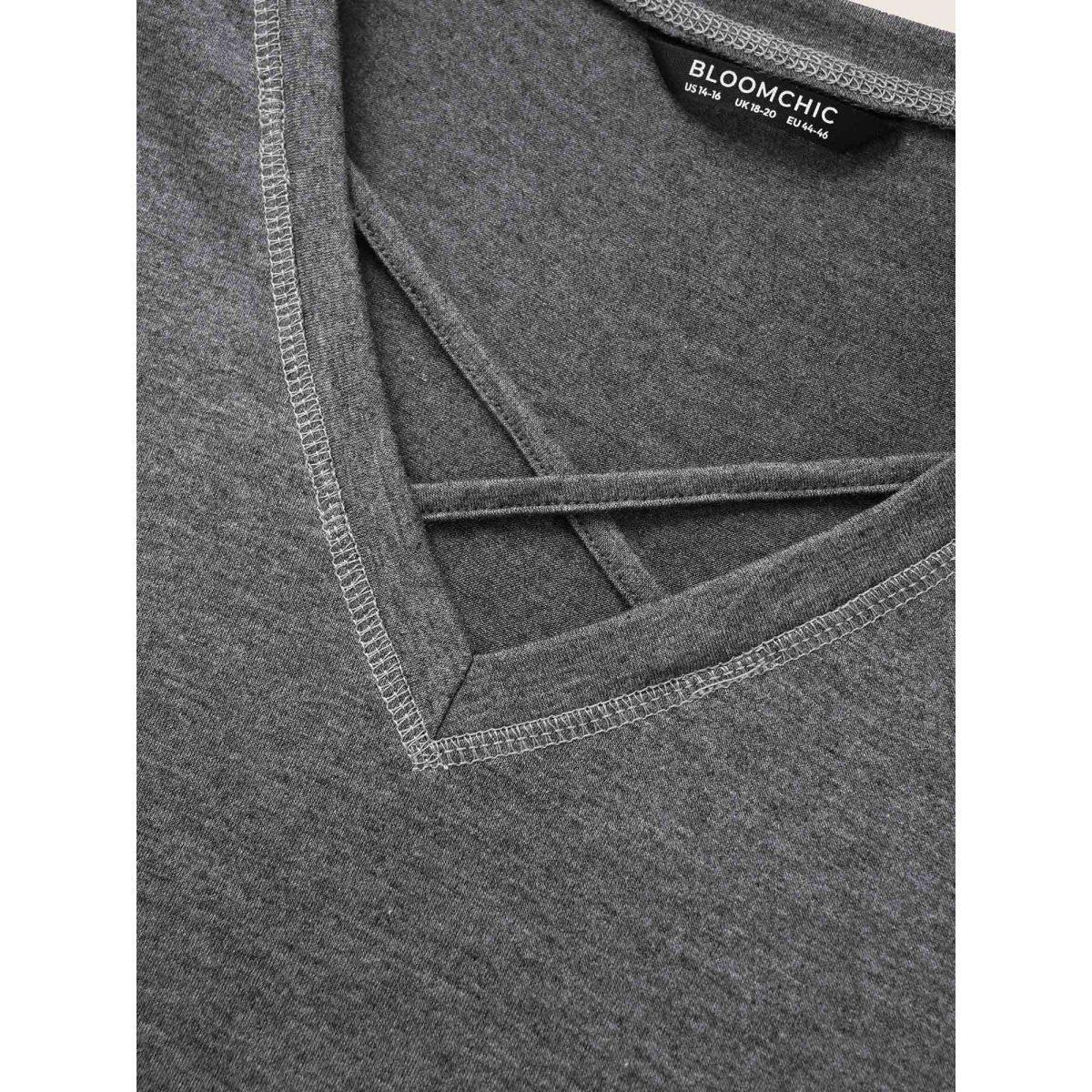 Plus Size Solid Crisscross Neck Contrast Stitch T-shirt Gray Women Casual Plain V-neck Everyday T-shirts BloomChic 26/4X Product Image