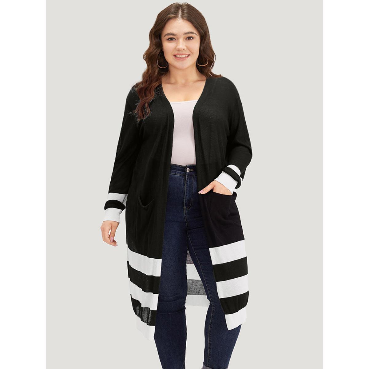 Plus Size Supersoft Essentials Contrast Patched Pocket Maxi Cardigan Black Women Casual Loose Long Sleeve Dailywear Cardigans BloomChic 28/5X Product Image