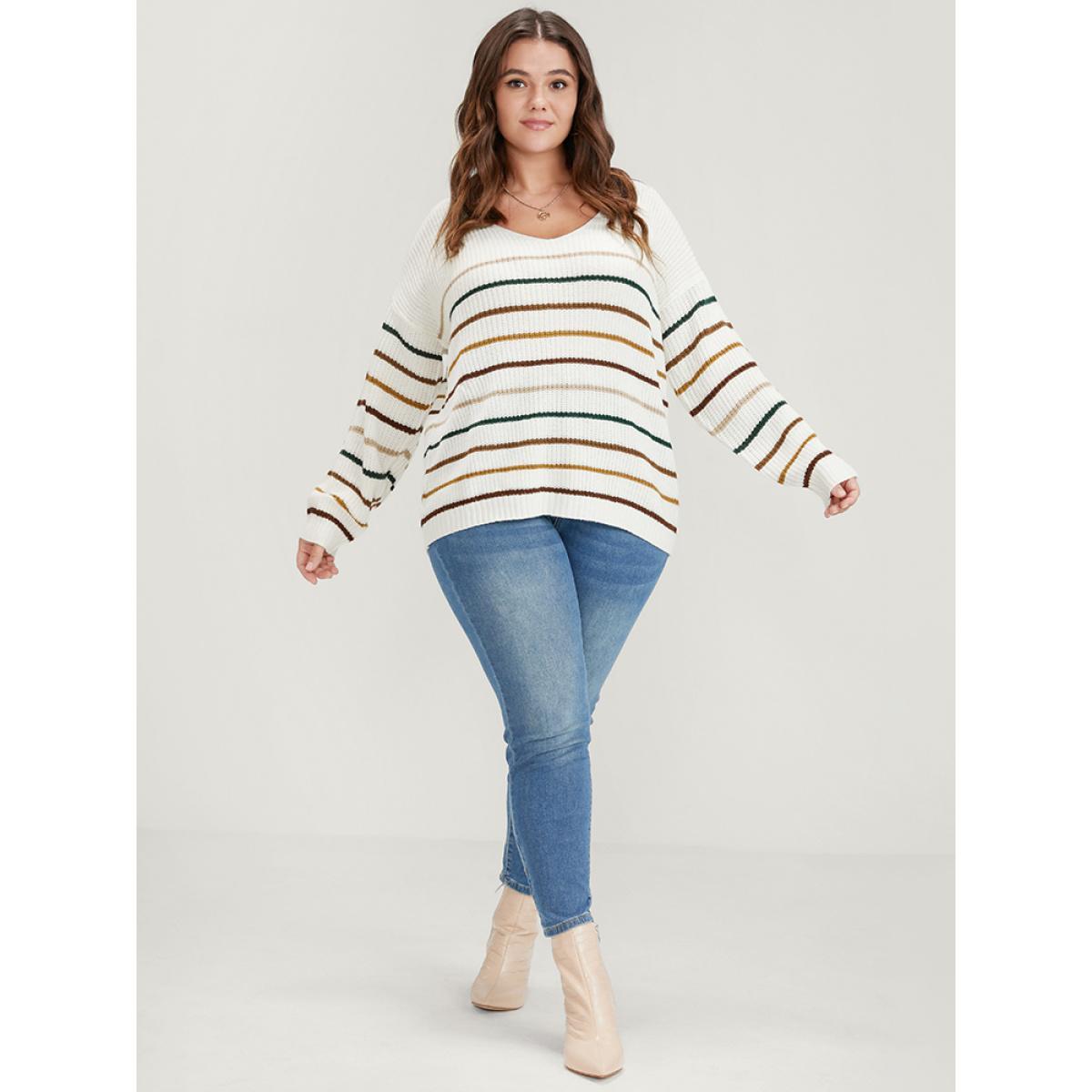 Plus Size Striped Contrast Pointelle Knit V Neck Knit Top White Women Elegant Loose Long Sleeve V-neck Dailywear Pullovers BloomChic 22-24/3X Product Image