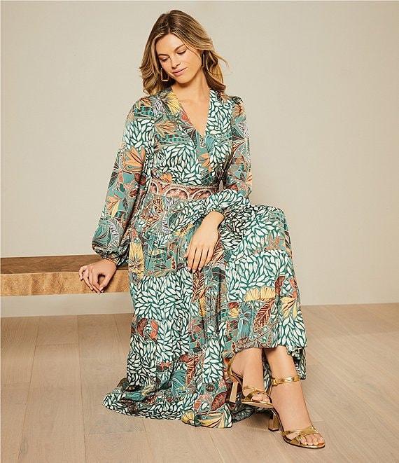 Gibson & Latimer Leaf Print Woven Moonshadow Satin Split V-Neck Long Blouson Sleeve Tiered A-Line Wrap Maxi Dress Product Image