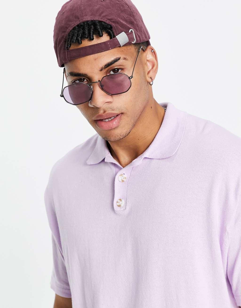 ASOS DESIGN knitted oversized polo neck t-shirt in lilac Product Image
