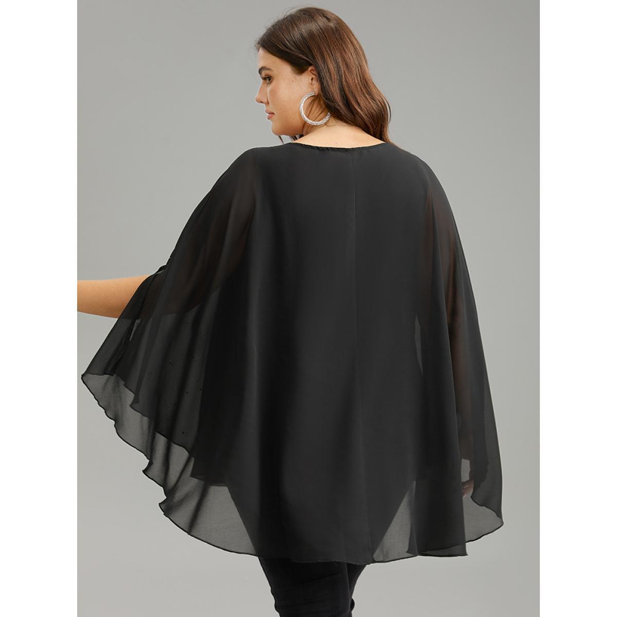 Plus Size Black Chiffon Rhinestone Split Dolman Sleeve Blouse Women Cocktail Elbow-length sleeve Round Neck Party Blouses BloomChic 12/L Product Image