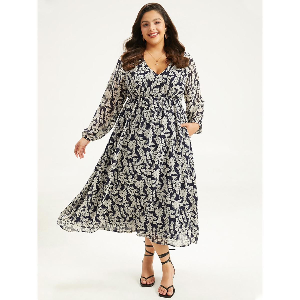 Plus Size Silhouette Floral Print Lantern Sleeve Dress DarkBlue Women Elegant Elastic cuffs V-neck Long Sleeve Curvy Midi Dress BloomChic 12/L Product Image