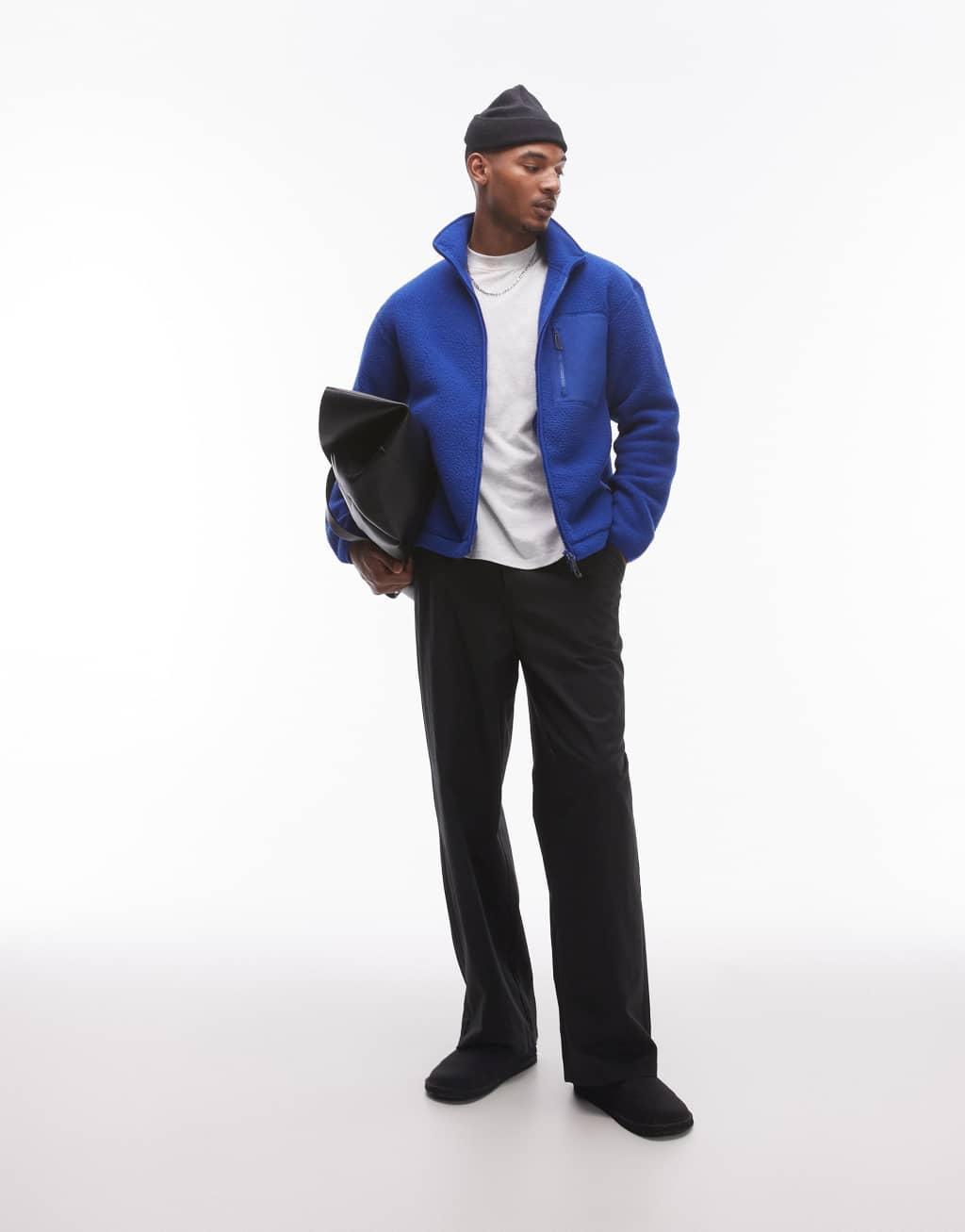 ARKET fleece pile jacket with zip front pocket in bright blue Product Image