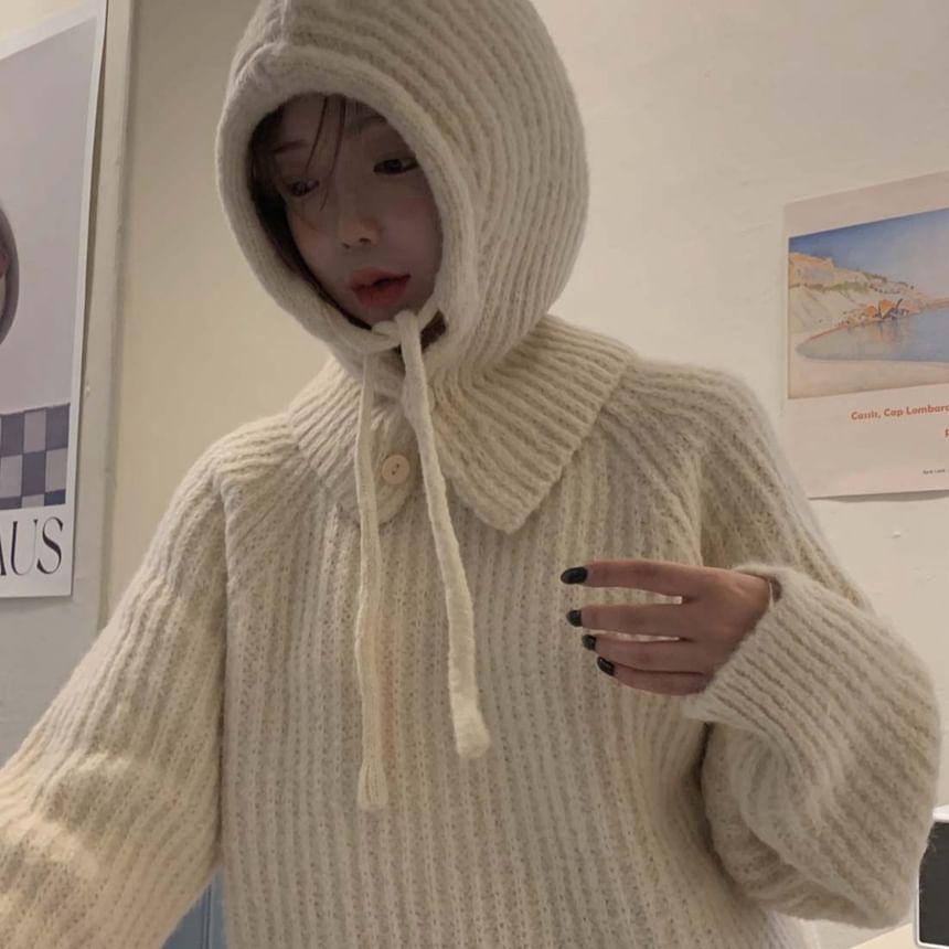 Long Sleeve Plain Ribbed-Knit Loose-Fit Sweater with Beanie Product Image