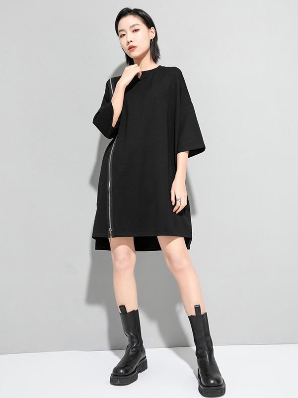Original Black Zipper Batwing Sleeve Round-Neck Mini Dress Product Image