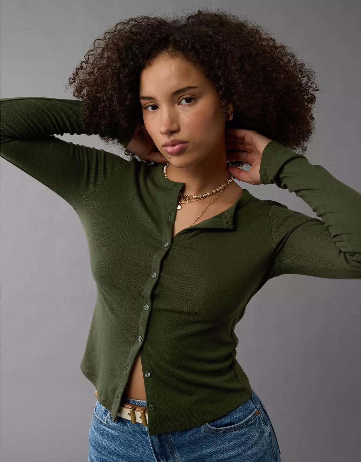 AE Long-Sleeve Button-Up T-Shirt Product Image