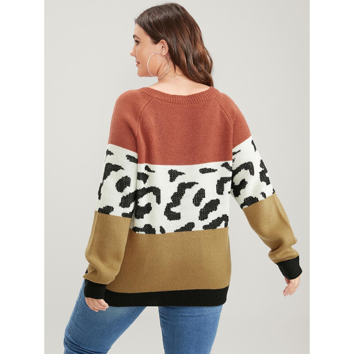 Plus Size Leopard Colorblock Contrast Pointelle Knit V Neck Knit Top Multicolor Women Casual Loose Long Sleeve V-neck Dailywear Pullovers BloomChic 10/M Product Image