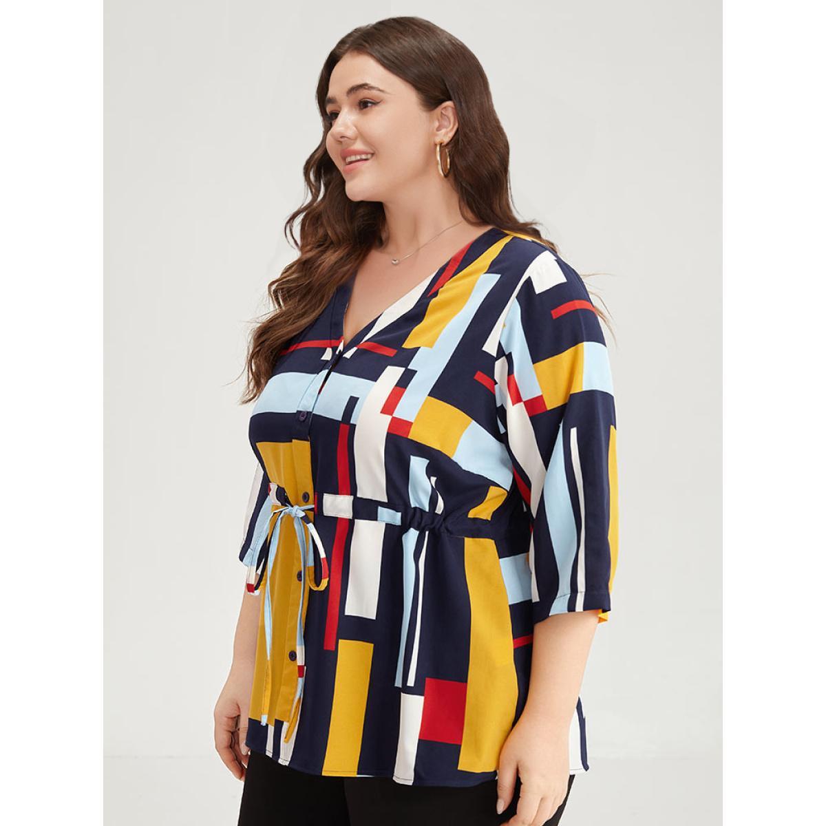 Plus Size Multicolor Geometric Contrast Drawstring Button Up Blouse Women Office Elbow-length sleeve V-neck Work Blouses BloomChic 22-24/3X Product Image