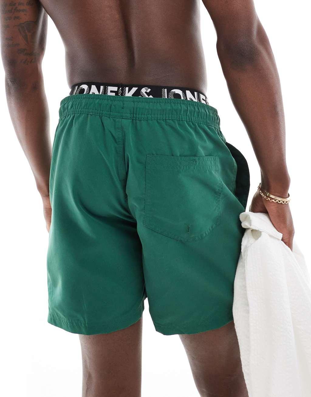 Jack & Jones double waistband swim shorts in green  Product Image