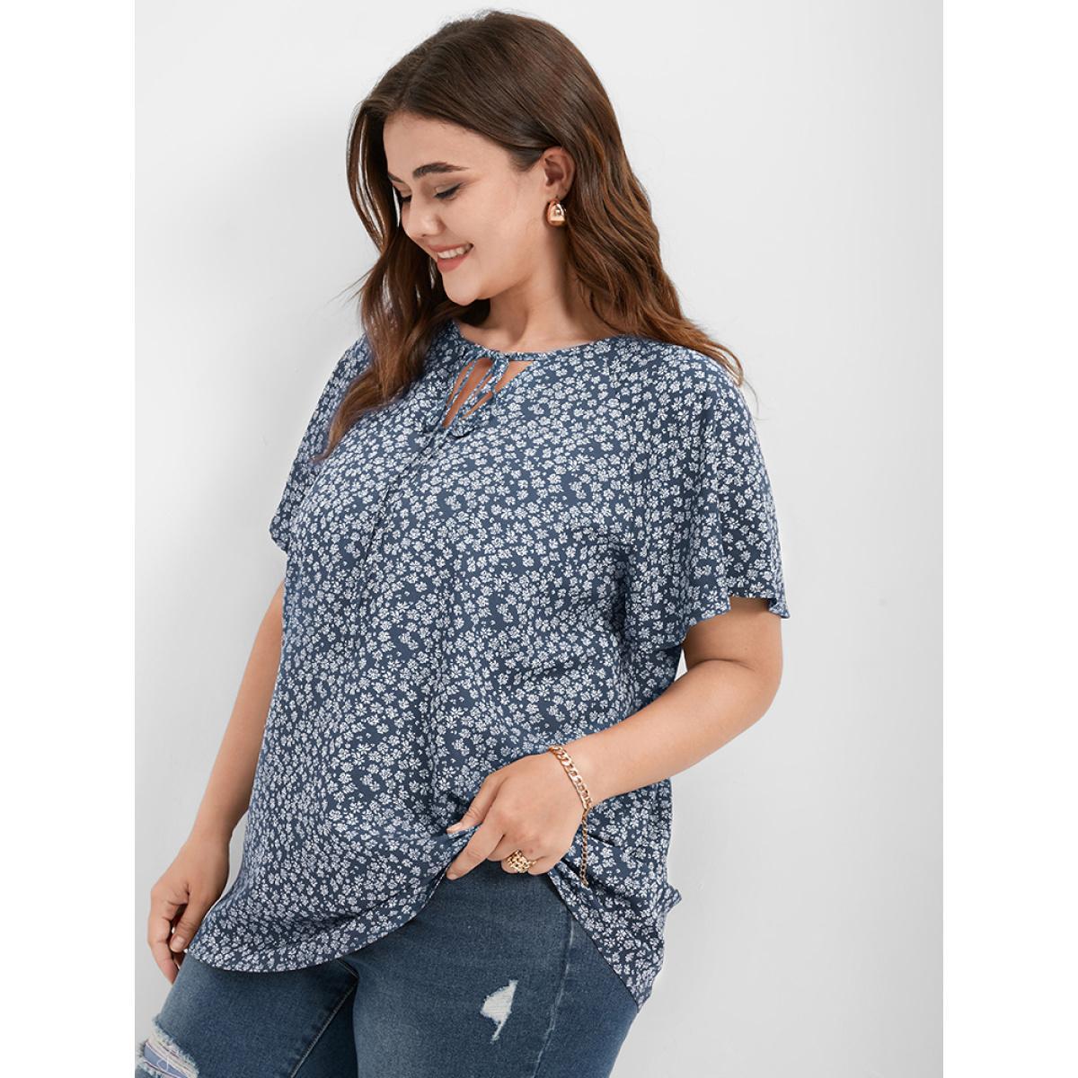Ditsy Floral Casual Ribbon Neck Plus Size Blouses Women Elegance Ties Ruffle Sleeve Short Sleeve V Neck Dailywear Blouses BloomChic Product Image