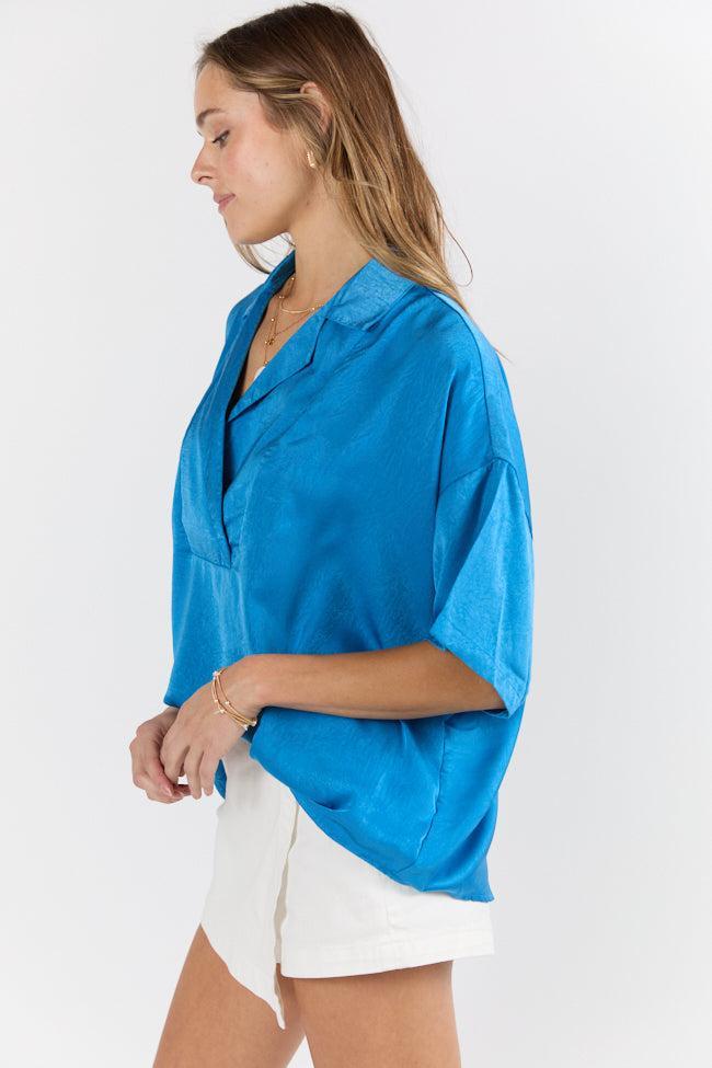 Dramatic Entrance Blue Oversized Satin Collared Blouse Product Image