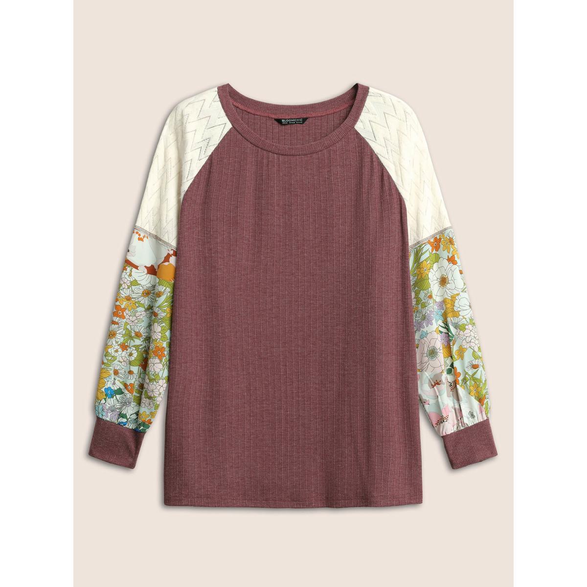 Plus Size Floral Patchwork Textured Raglan Sleeve Stitch T-shirt Russet Women Resort Texture Natural Flowers Round Neck Vacation T-shirts BloomChic 22-24/3X Product Image